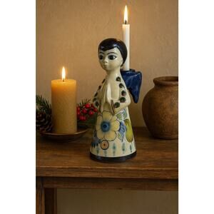Vintage Tonala Mexico Ceramic Angel Candle Holder Blue Wings Hand Painted 13”